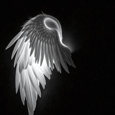 The primary subject of the image is a white angel wing. The setting is a dark background, which highlights the wing's shape and texture. The visual style is a combination of photo and digital art, creating a unique and artistic representation of the angel wing. The dominant colors are white and black, giving the image a dramatic and mysterious atmosphere.